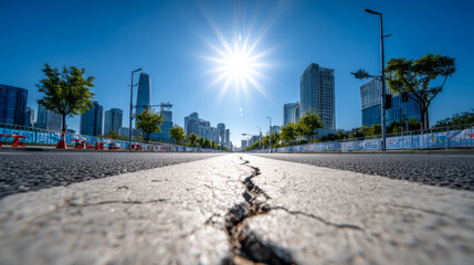Cracked asphalt road under bright sun with urban skyline and clear blue sky in hot weather