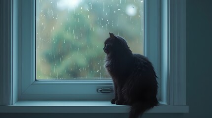 Cat Watching Rain Through a Pastel-Colored Window Frame