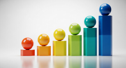Colorful spheres atop hexagonal columns, ascending in size, represent growth, progress, or success, ideal for business presentations or marketing materials