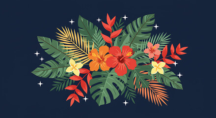 Exotic Tropical Flowers Arrangement Flat Illustration on Dark Blue Background