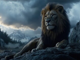 Obraz premium A majestic lion with a long mane, sitting on rocks under dark storm clouds