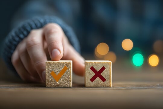 Person choosing between correct and incorrect option with wooden blocks