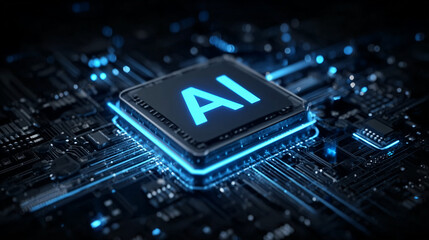 Futuristic Glowing AI Chip on Circuit Board – Artificial Intelligence Technology and Data Processing Concept
