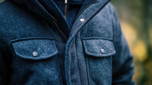 A close-up shot of a person wearing a jacket