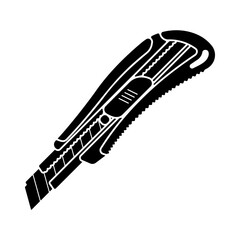 Obraz premium Black icon of a retractable utility knife with segmented blade and slider, used for cutting paper or cardboard, without background