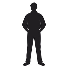 Flat Silhouette of a Security Guard Standing Alert &ndash; Full Black Figure on Minimal White Canvas