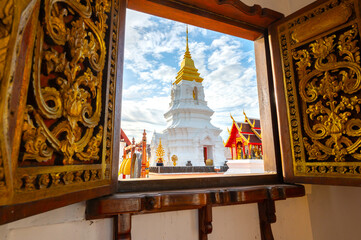 Phra Chaiyaphum Siri Maha Chedi (Arun Dhamma Sathan), which is located in Chaiyaphum, Thailand, is famous place in view under blue sky and sunset clouds. 