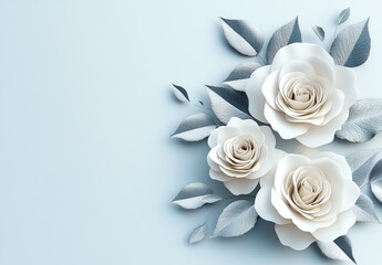 A minimalist floral composition featuring white roses and silver leaves on the right side,