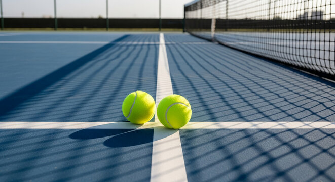 Two yellow tennis balls on blue court, net shadow cast on surface, representing sport, competition, and active lifestyle