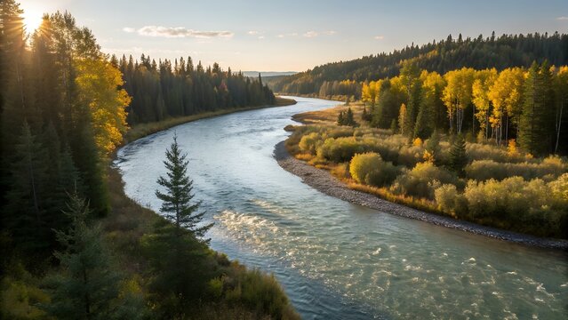 "River bend surrounded by dense autumn forest, golden-yellow trees reflecting on calm water, peaceful sunset light."
Write to Itz Amin


