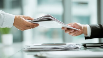Two individuals exchange a stack of documents, symbolizing a transaction or the transfer of information within a professional setting.