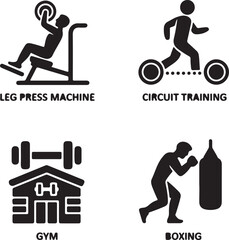 Fitness Gym Icons: Vector Symbols of Leg Press, Circuit Training, Boxing, and Gym Sign.