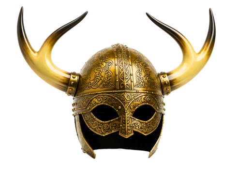 Ancient viking helmet with golden horns isolated on transparent background