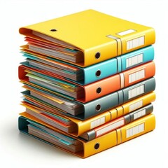 Multi-colored folders piled neatly, yellow folder on top, isolated on white