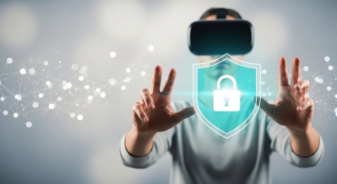 Man wearing VR headset interacts with glowing digital shield and padlock, symbolizing cybersecurity and data protection in virtual reality