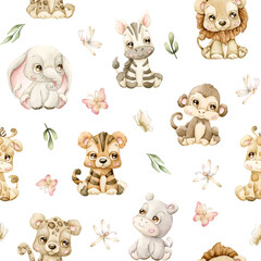 Cute Tropical Animals Insect and Leaves Watercolor hand painted summer seamless pattern on white background giraffe lion