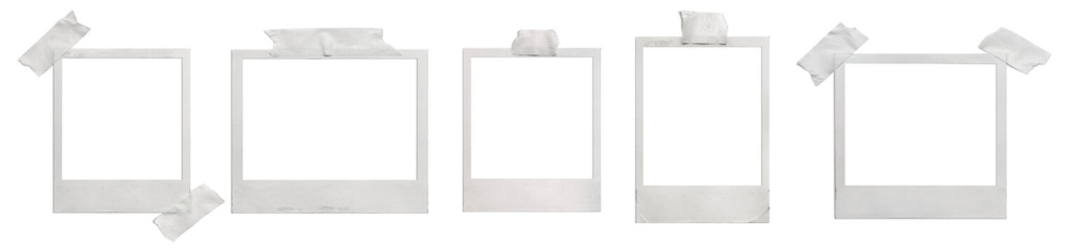 Set of polaroid blank frames with adhesive tape in various formats on isolated transparent background. Cut out. With shadow. PNG