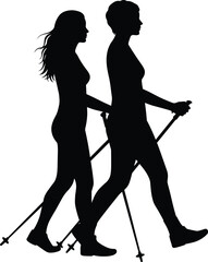 Woman exercising with Nordic walking poles, a vector set showing a black silhouette and a corresponding line art drawing.