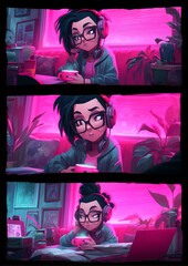 Girl with headphones enjoys a pink cafe