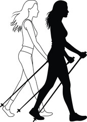 Woman exercising with Nordic walking poles, a vector set showing a black silhouette and a corresponding line art drawing.