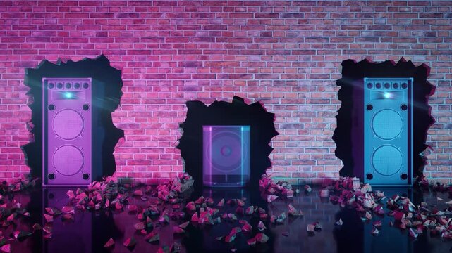 three acoustic speakers located in a break in a brick wall in neon lighting 3d animation