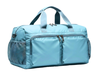 Light blue duffel bag with multiple pockets isolated on transparent background