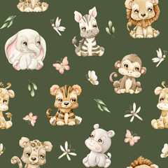 Cute Tropical Animals Insect and Leaves Watercolor hand painted summer seamless pattern on green background giraffe lion