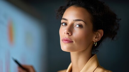 Confident Presentation: A striking presenter, embodying competence and charisma, stands before an illuminated screen filled with charts and graphs, projecting an air of authority and expertise.