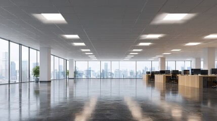 Fototapeta premium Spacious modern office: A modern and open office space featuring large windows, allowing ample natural light, sleek and minimal aesthetic, creating a clean, bright, and inspiring workspace.