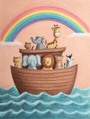 Delicate drawing of Noah's Ark sailing, filled with happy animals and a rainbow. Ideal for children's books, celebrations, and educational purposes.
