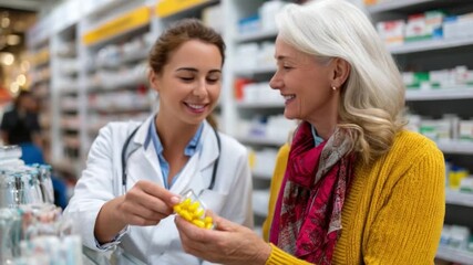 Friendly Pharmacist: A warm, engaging pharmacist provides personalized care and assistance to a patient, offering advice and guidance on medication in a bright, modern pharmacy setting.