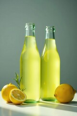 Fototapeta premium Refreshing lemon lime water bottles, rosemary, fruit Grey background , organic, lemon water