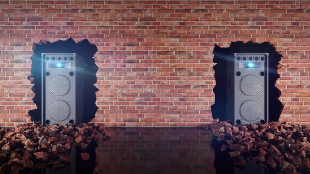 two acoustic speakers located in a crack in a brick wall 3d animation