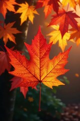 Fototapeta premium Single vibrant red and yellow maple leaf, autumn backdrop , vibrant color, october
