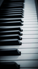 Naklejka premium Close-up of piano keys, black and white, showing texture and lines, representing music, creativity, and artistic expression