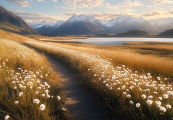 A path leading through the New Zealand wilderness, with mountains in the background and a lake at its end