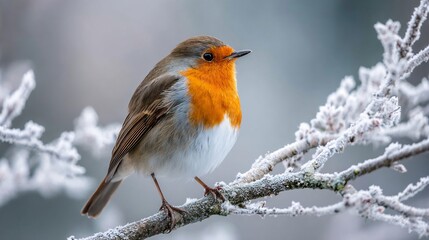 A robin perched on a frost covered branch in winter with an orange breast and a blurred background