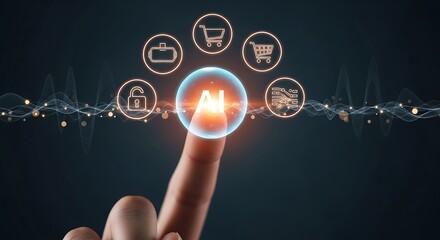 AI Technology: Futuristic Fingertip Interface, Secure Online Shopping, Virtual Reality Integration, Data Analysis.