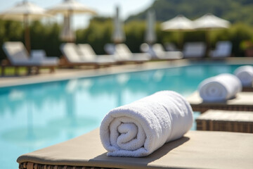 White beach towel on the background of the pool. Travel and vacation concept. AI