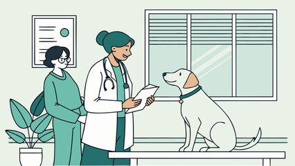 Dog at Veterinarian Clinic – Pet Health Checkup and Animal Care with Friendly Doctor and Owner in Medical Setting

