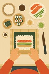 お寿司を巻く　日本　下準備　キャラクターが寿司を作る　トップビュー　フラットベクターイラスト