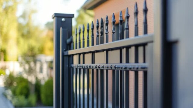 A close-up of a fence with a building in the background, suitable for use in architecture or landscape photography