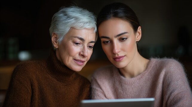 Generations Connected: A serene moment of connection and shared experience between a mother and her daughter as they look at a digital tablet together. - Powered by Adobe