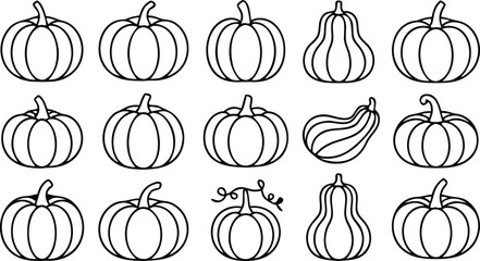 Fifteen Black and White Pumpkin Outline Illustrations for Fall Decorating, Crafts, or Coloring Pages