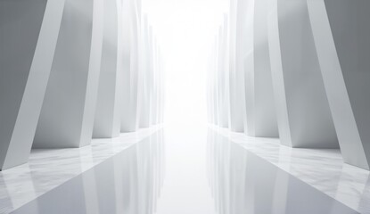 Obraz premium Abstract White Corridor with Geometric Pillars and Bright Light at the End