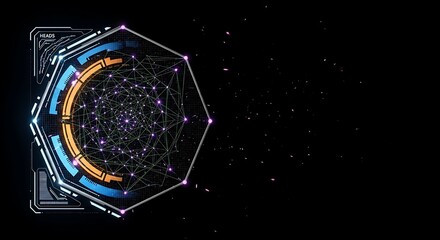 Abstract Futuristic Hexagon Network: Glowing Nodes, Digital Connections, Sci-Fi Interface, Dark Background