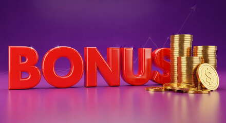 Red 3D word "BONUS" with stacks of gold coins on purple background, symbolizing financial reward, incentive or additional payment