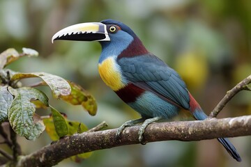 Fototapeta premium A colorful bird with a large beak perched on a branch surrounded by green leaves in a natural setting