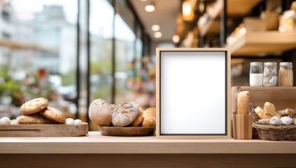 A bakery display showcases various baked goods, including bread and pastries, alongside a blank sign for promotional content.