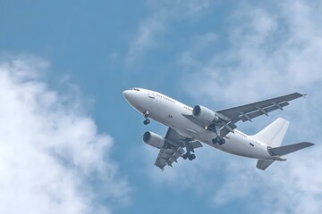 A white airplane flies against a blue sky with clouds.